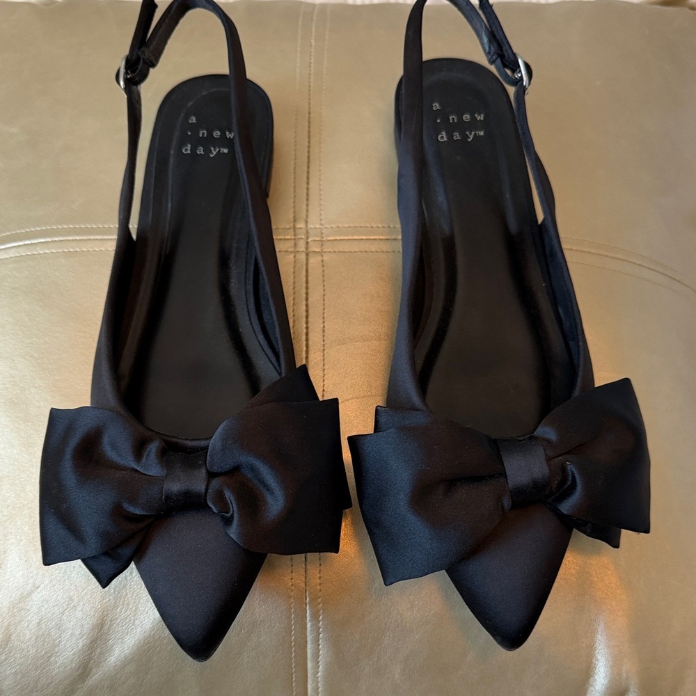 a new day Black Pointed Satin Slingback Flats with Bow